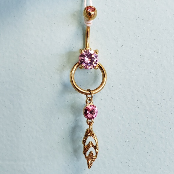 Jewelry - New Gold Feather Pink Gem Belly Ring 14G